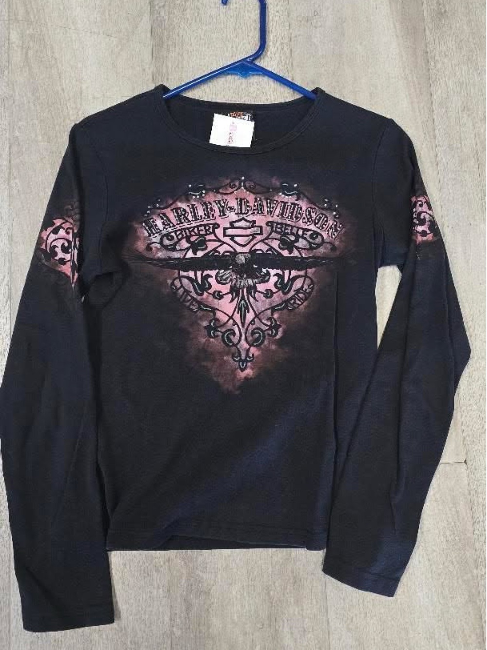 Vintage pink and black Harley Davidson long sleeve shirt with pink rhinestones